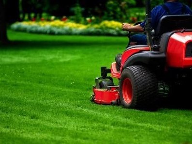 Corte de grama con máquina de asiento en un área verde amplia