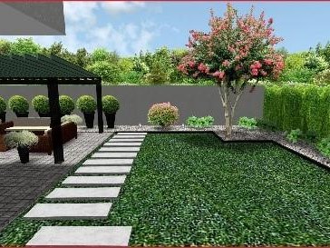 Render de diseño de jardín con caminos, grama y pérgola